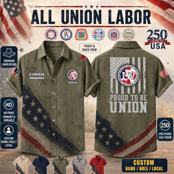Union labor themed linen shirt with American flag design and union logos.