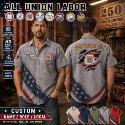 Union labor flag linen shirt with union logos and patriotic design.