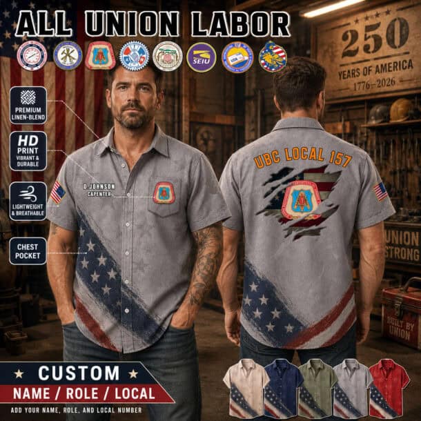 Union labor flag linen shirt with union logos and patriotic design.