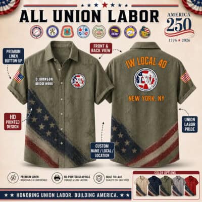 Union labor themed linen button-up shirt with American flag design and local customization.