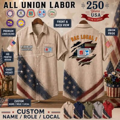 Men's linen button-up shirt with Union Labor flag design and custom embroidery.