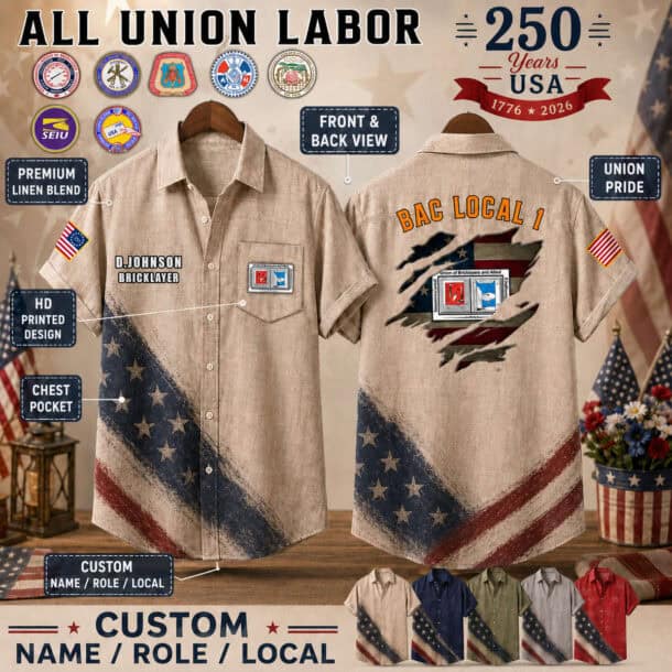 Men's linen button-up shirt with Union Labor flag design and custom embroidery.