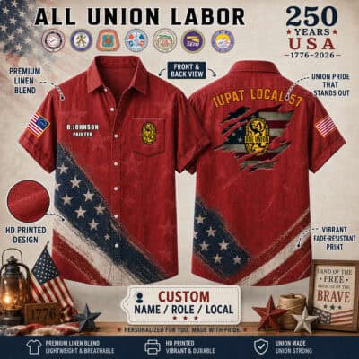Red linen shirt with union flags and patriotic design for labor pride.