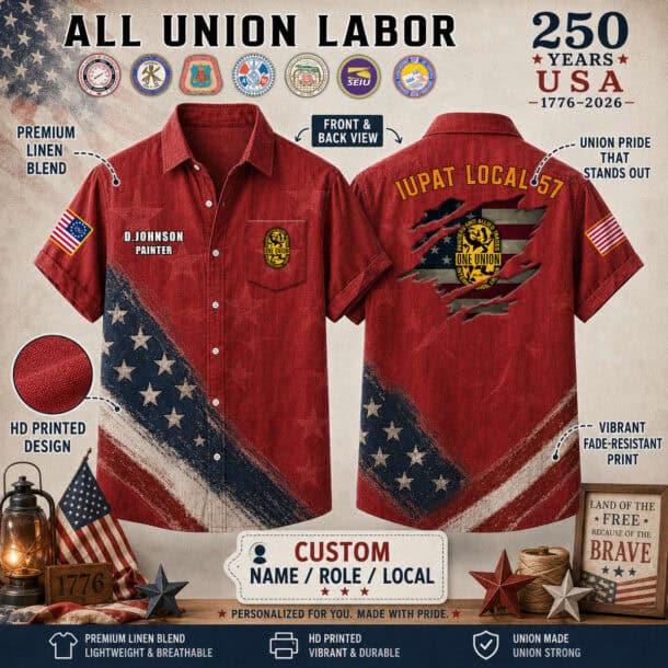 Red linen shirt with union flags and patriotic design for labor pride.