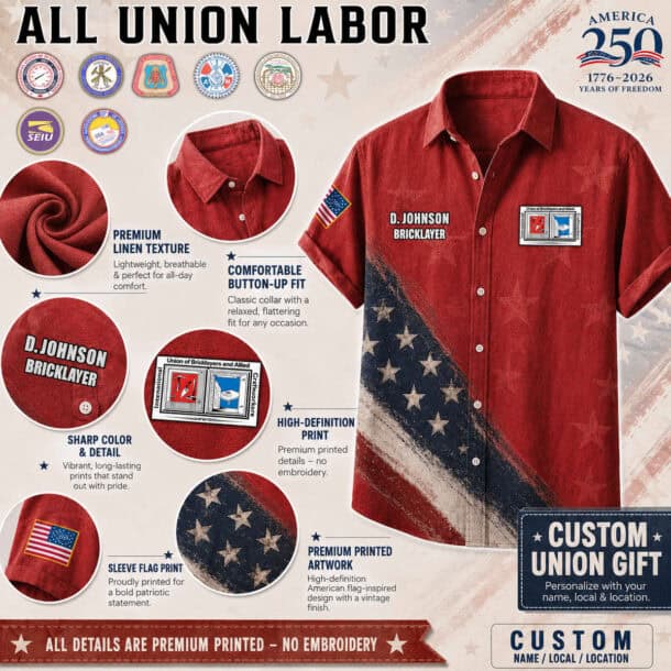 Red linen button-up shirt with American flag design and union logos.