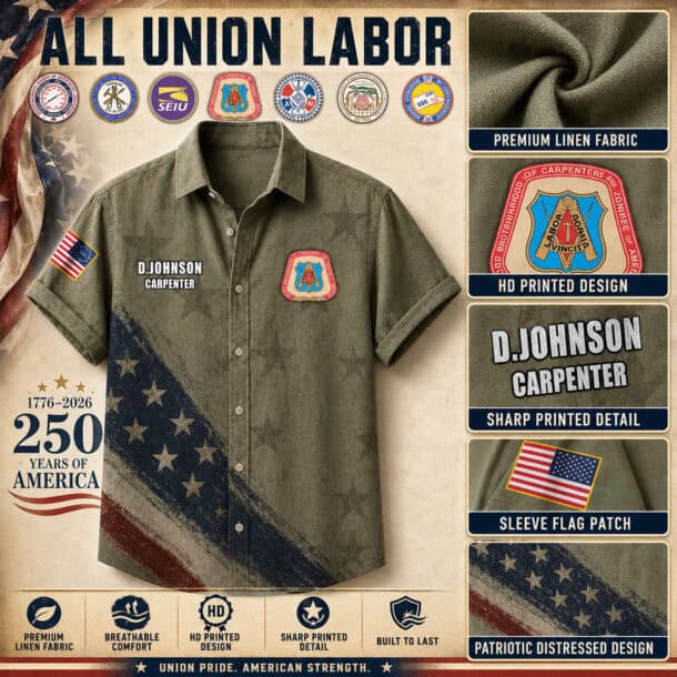 Union labor themed linen shirt with patches and flag details.
