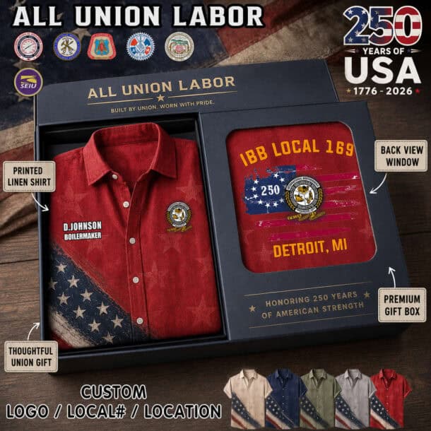 Union Labor flag linen shirt and gift box for labor anniversary.