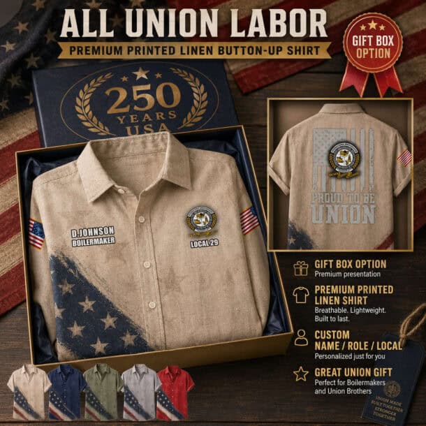 Union-themed linen button-up shirt with custom patches and patriotic design.