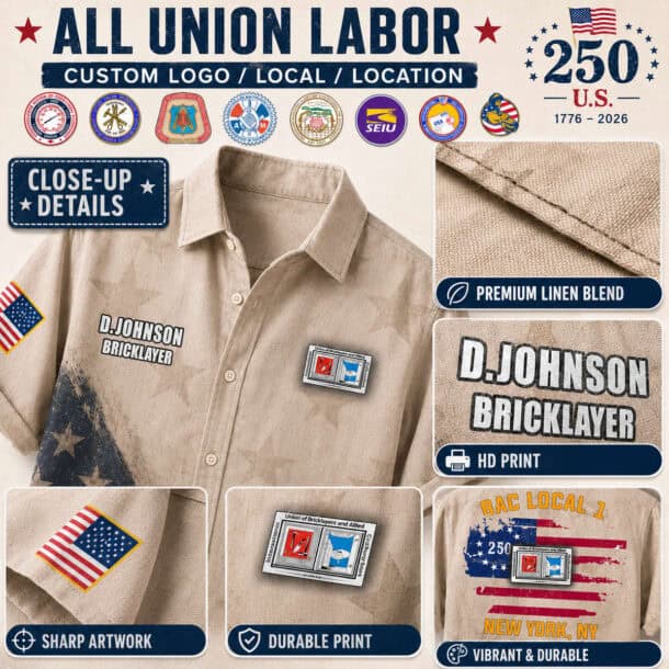 Union labor flag linen button-up shirt with patches and embroidery.