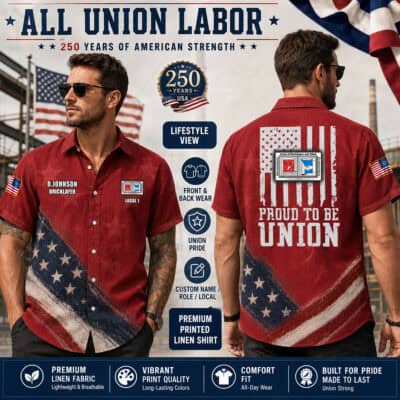 Men wearing red union-themed linen shirts with American flag designs.