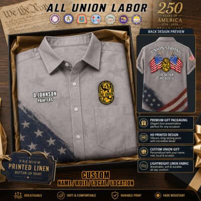 Gray linen shirt with union logos and American flag design for union workers.