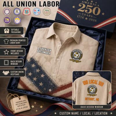 Premium linen button-up shirt with union logo and custom name for labor workers.