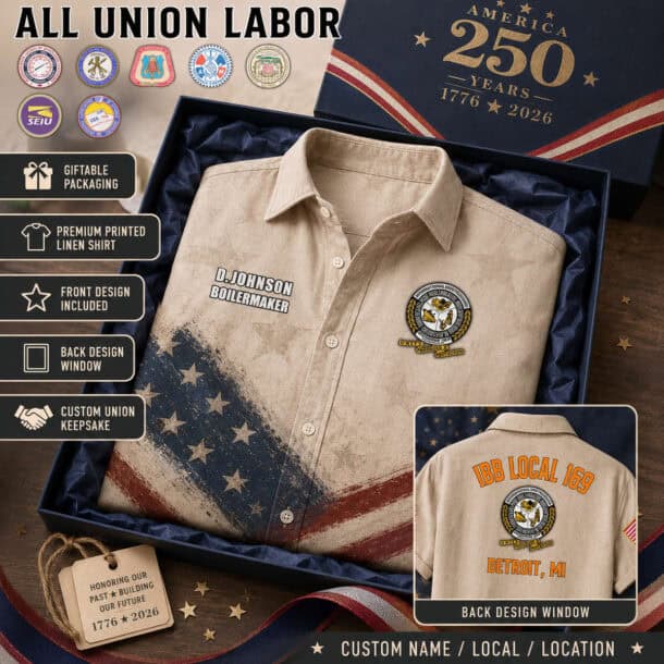 Premium linen button-up shirt with union logo and custom name for labor workers.