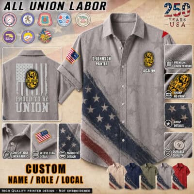 Custom union linen shirt with American flag design and union patches.