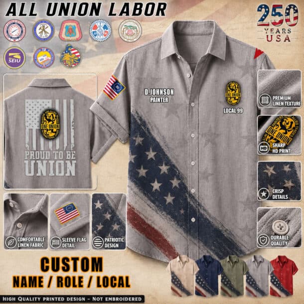 Custom union linen shirt with American flag design and union patches.