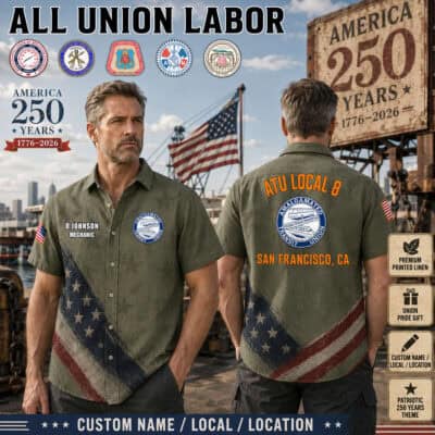 Two men in union-themed linen shirts with American flag design at labor event.