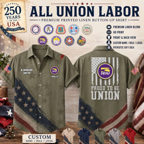 Patriotic union labor linen shirt with custom patches and American flag design.
