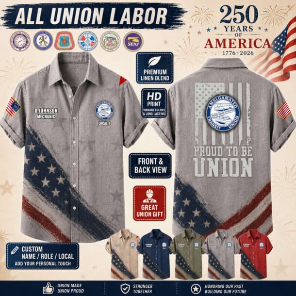 Union Labor themed linen button-up shirt with patriotic design and union logos.