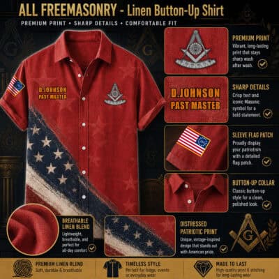 Red linen button-up shirt with Masonic emblem and patriotic flag patch.