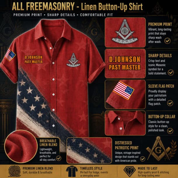 Red linen button-up shirt with Masonic emblem and patriotic flag patch.
