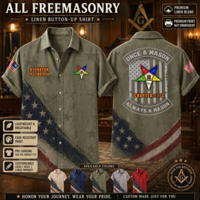 Freemasonry-themed linen button-up shirt with American flag design and Masonic symbols.