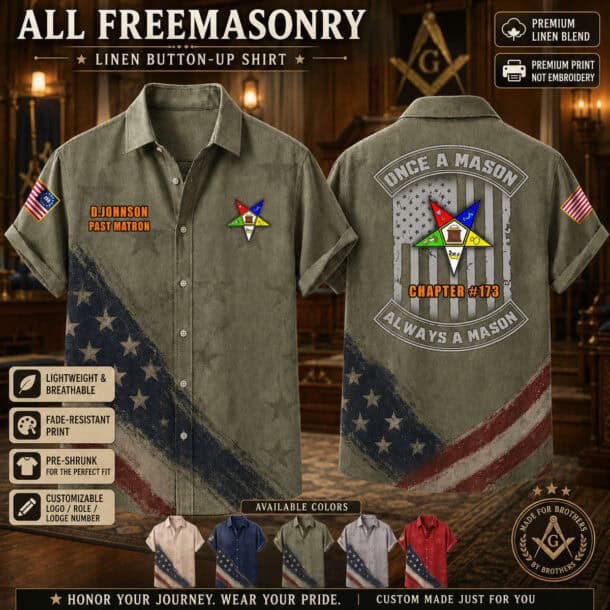 Freemasonry-themed linen button-up shirt with American flag design and Masonic symbols.