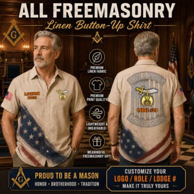Men's Freemasonry-themed linen button-up shirt with patches and embroidery.