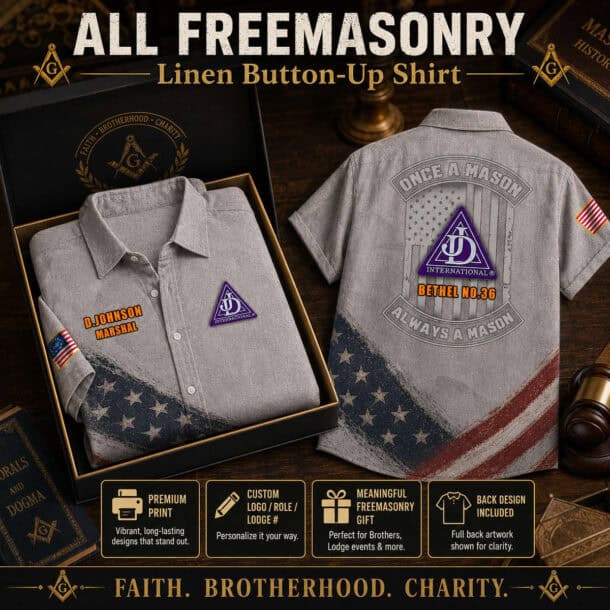 Gray Freemasonry-themed linen button-up shirt with patches and American flag details.