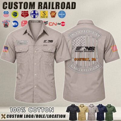 Railroad-themed cotton shirt with custom logo and role details for rail enthusiasts.