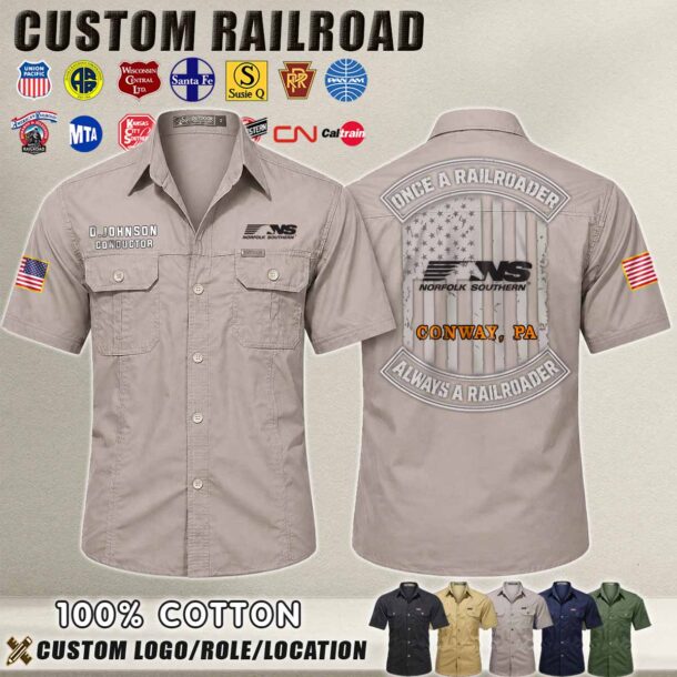 Railroad-themed cotton shirt with custom logo and role details for rail enthusiasts.