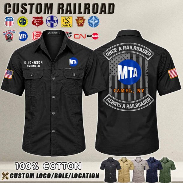 Railroad-themed cotton cargo shirt with MTA logo and custom embroidery.