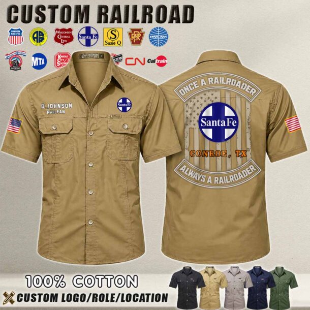 Railroad-themed cotton shirt with Santa Fe logo and custom embroidery.