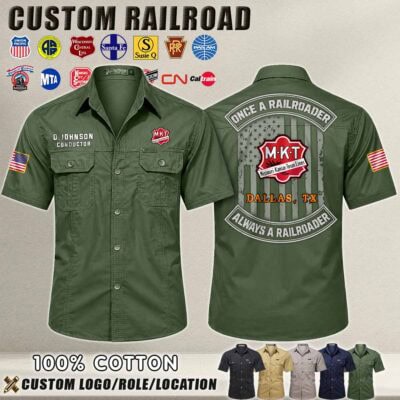 Green railroad conductor shirt with custom logo and role details for rail enthusiasts.