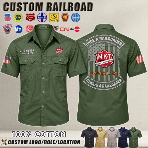 Green railroad conductor shirt with custom logo and role details for rail enthusiasts.